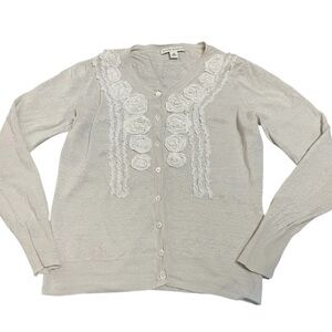 Banana Republic off white 100% linen rosette cardigan floral appliqué Y2K